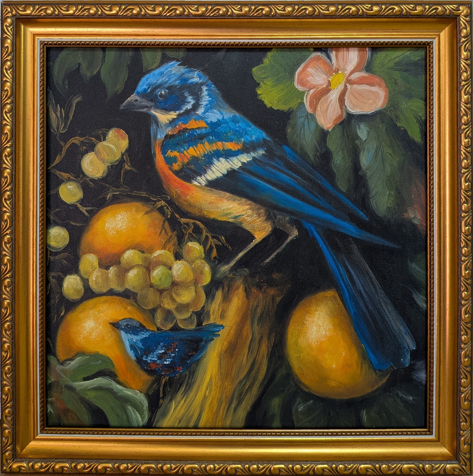 art 115 original oil painting framed Still life with bird 27,5×27,5 cm realizm