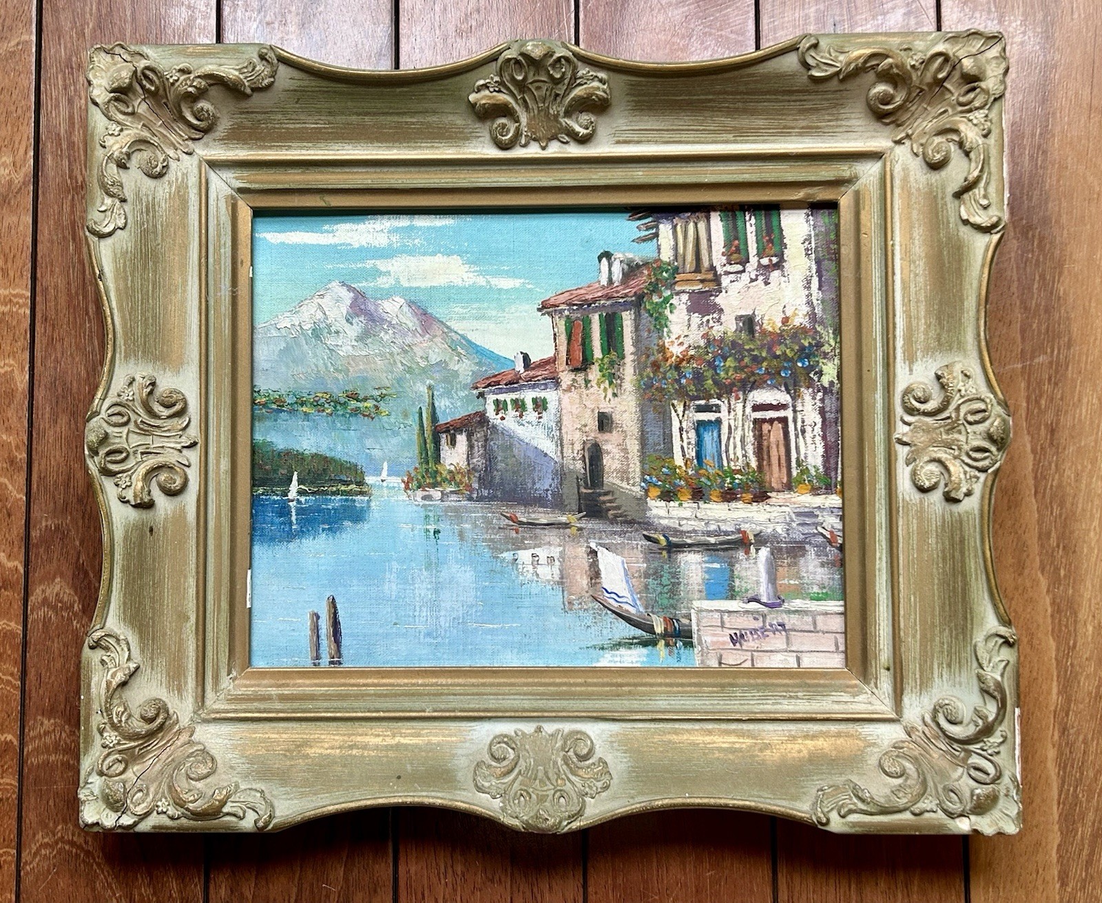 Beautiful Vintage Italian Landscape Lakeside Village Scene Framed And Signed