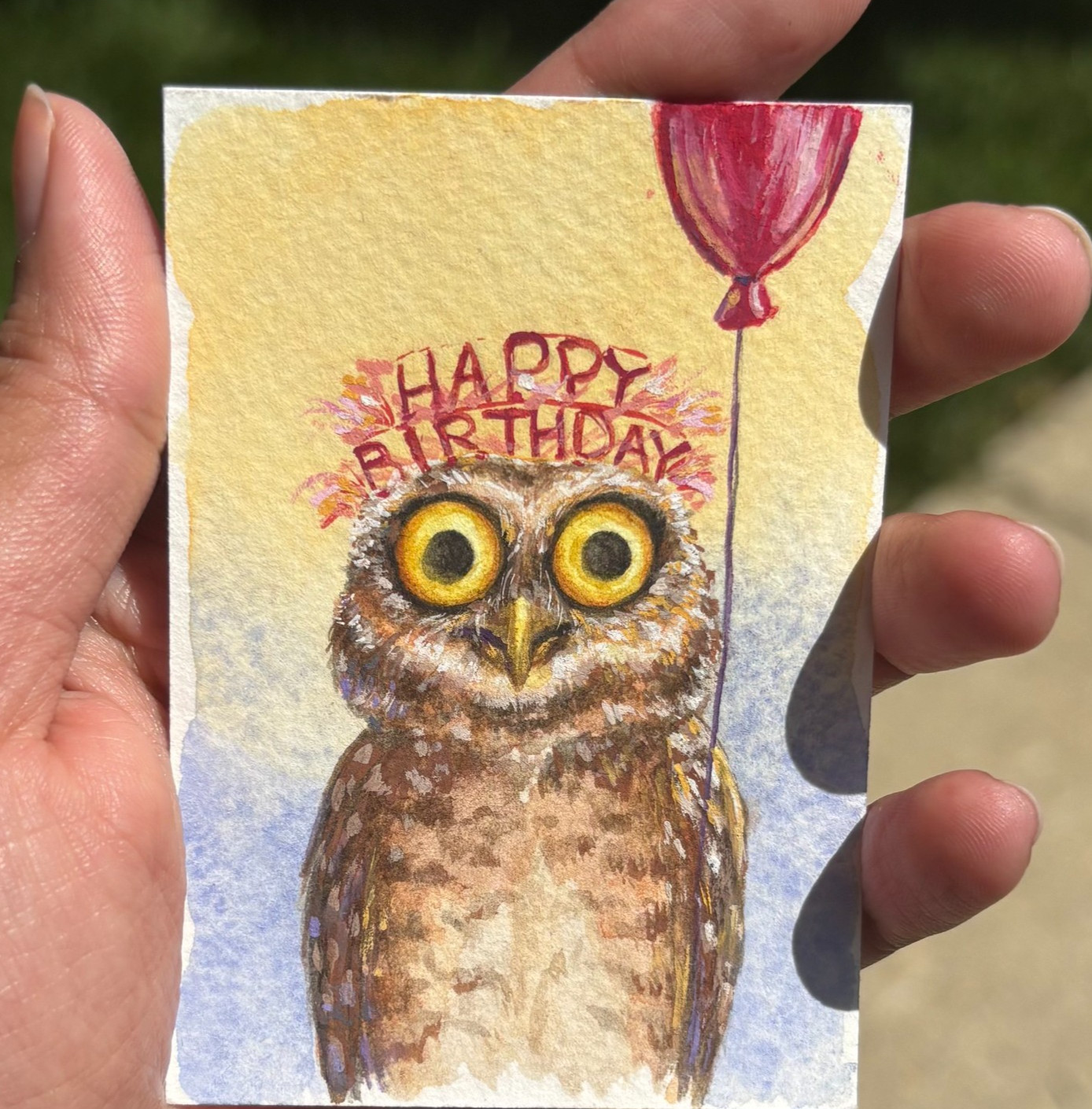 ACEO Original painting “Birthday Owl” watercolor art card, birthday gift