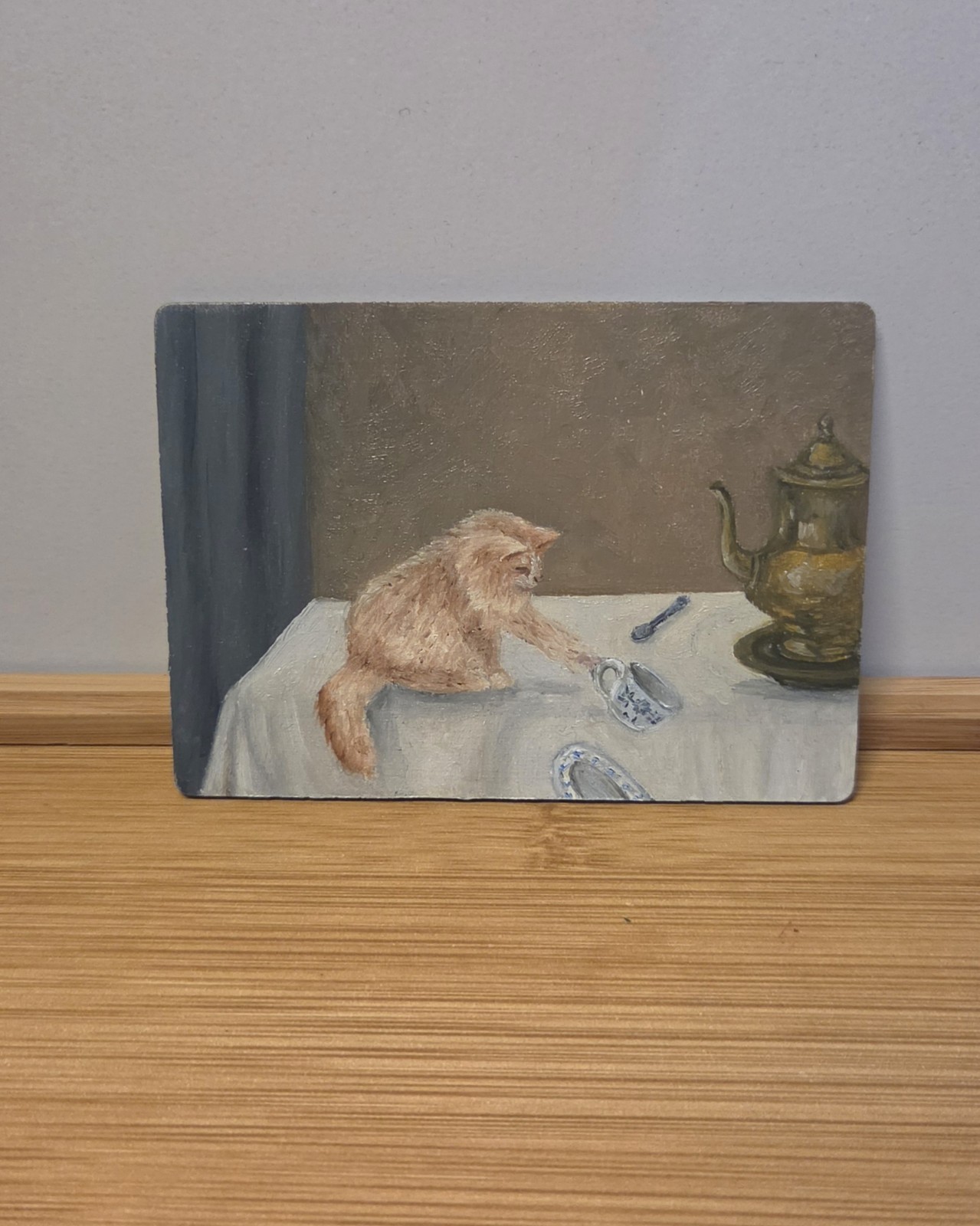 ACEO Original Signed Cat Still Life | Oil On Wood Signed | Kitten Humor Funny