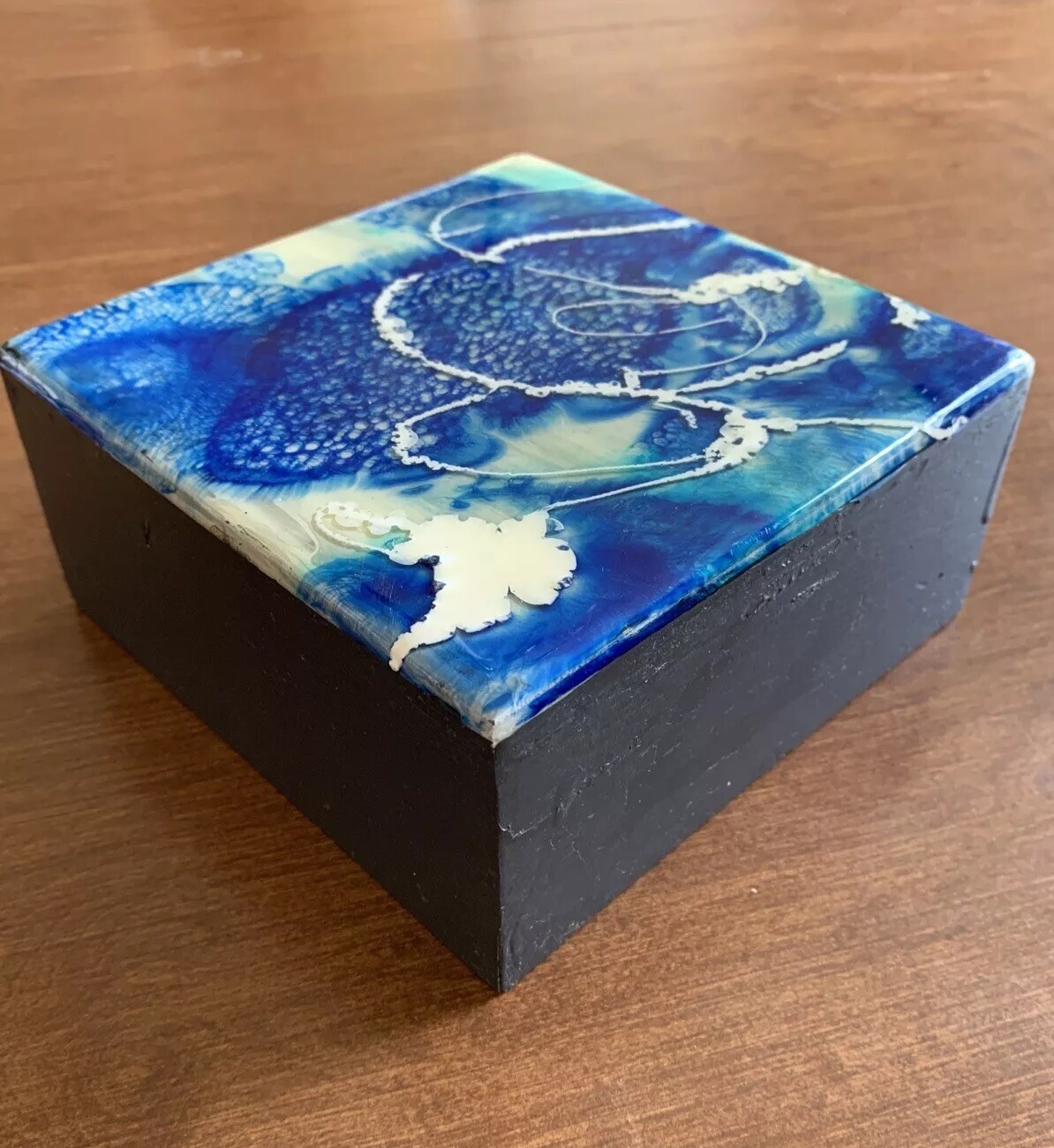 Contemporary Abstract Resin Art Signed Wood Panel Expressive Modern Blue White