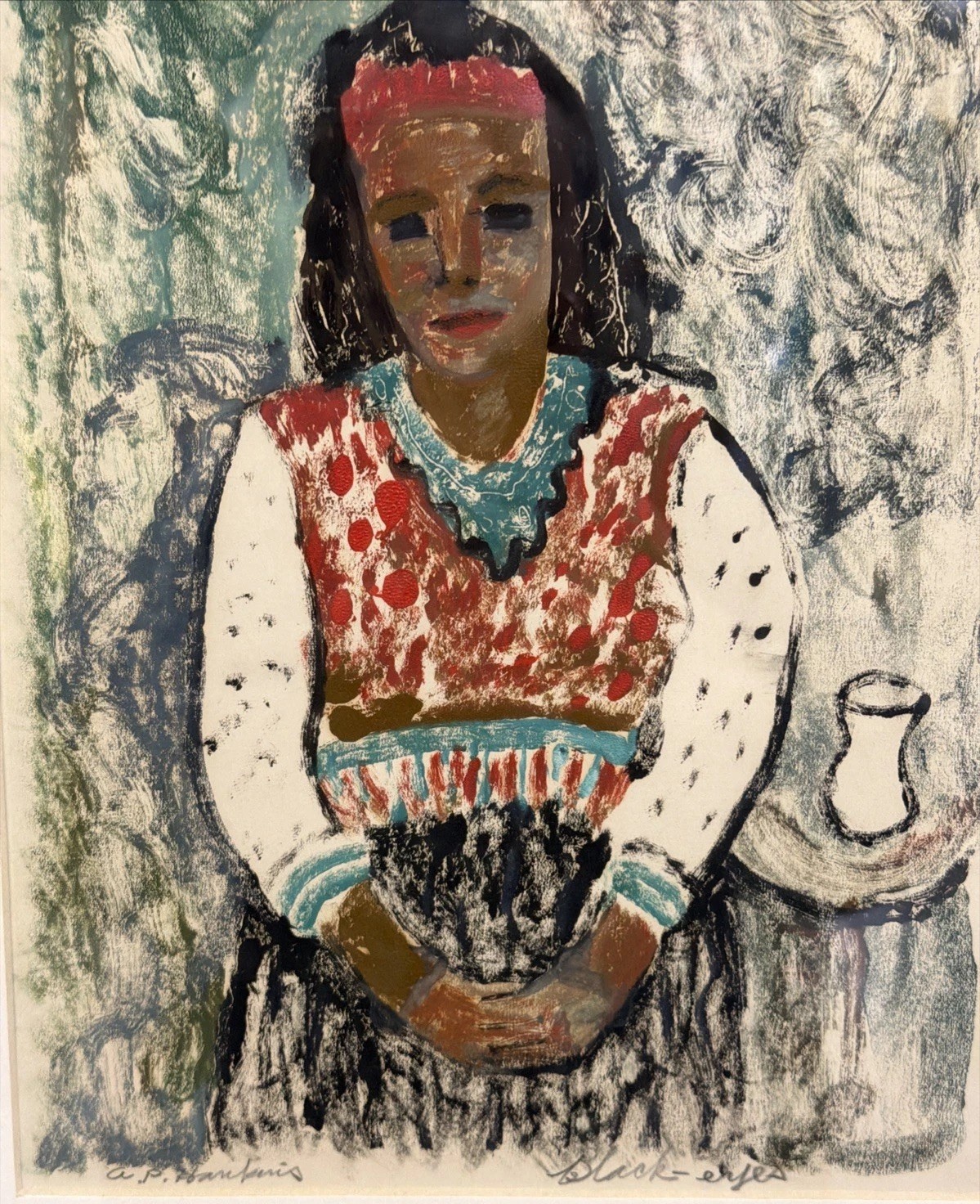 Signed A P Hankins Abraham P. Hankins Modernist Oil/Crayon Painting “Black Eyes”