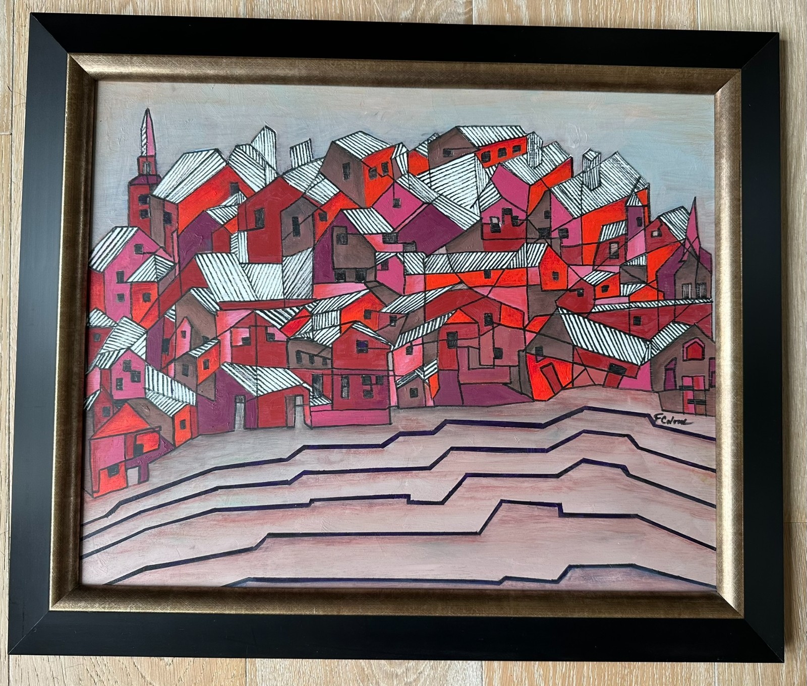 Original Framed 26.5×22″ Acrylic Painting On Board-Signed, style:Cubism/Fauvism