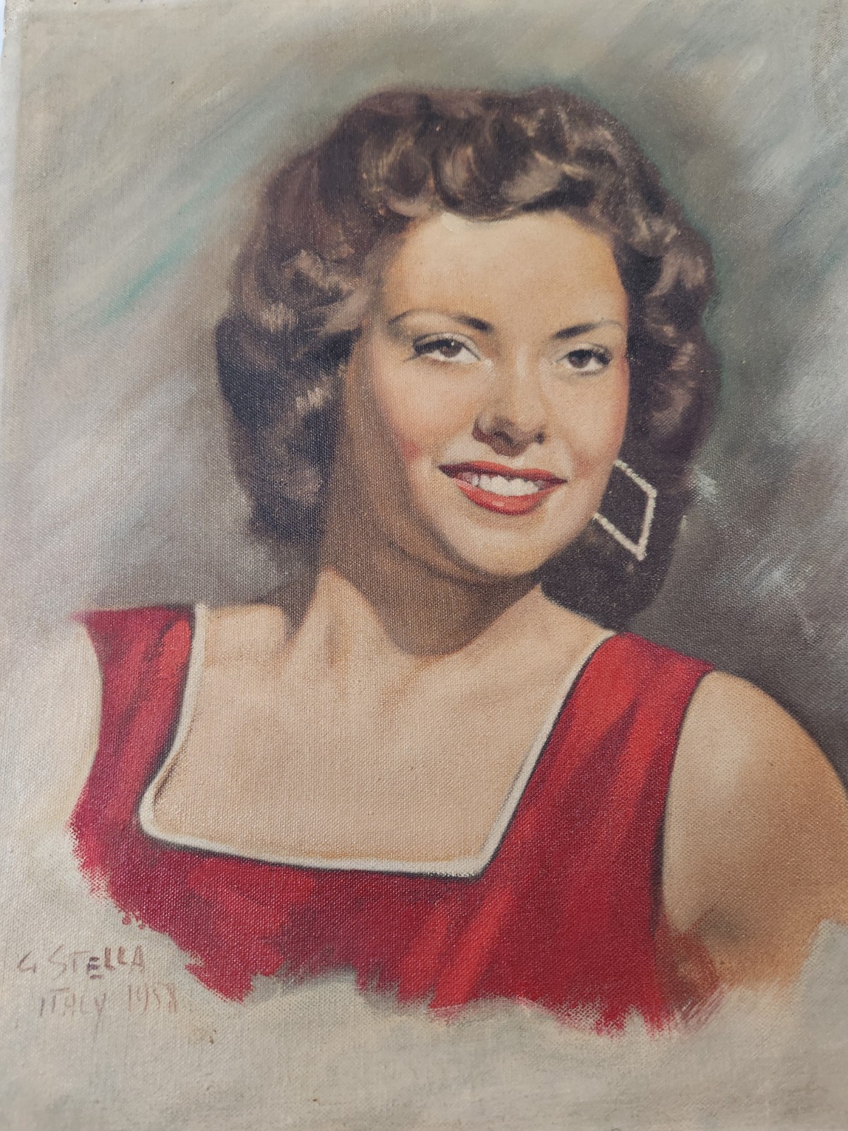 Oil Painting PORTRAIT Italian Woman Red Blouse 1958 12″x 15″ Sign G Stella Vtg