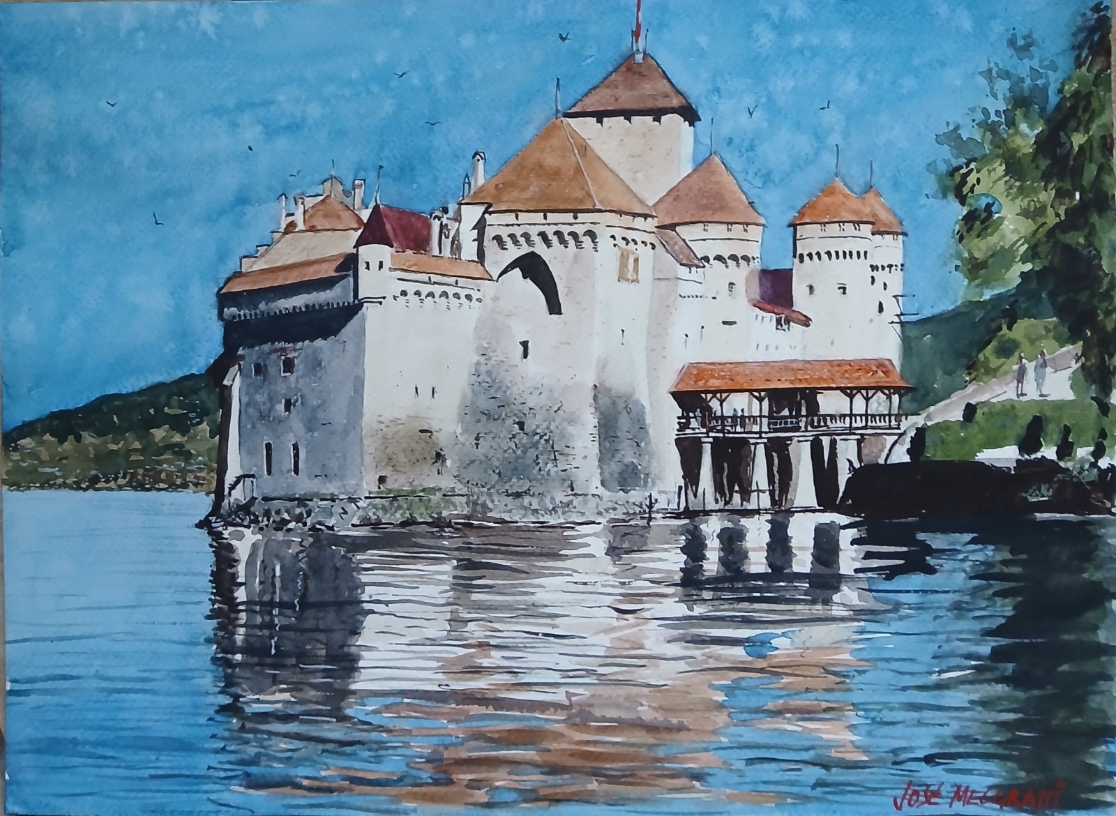 Original Painting in Watercolor “Lake Geneva, Switzerland” 15″x 11″ NOT A PRINT