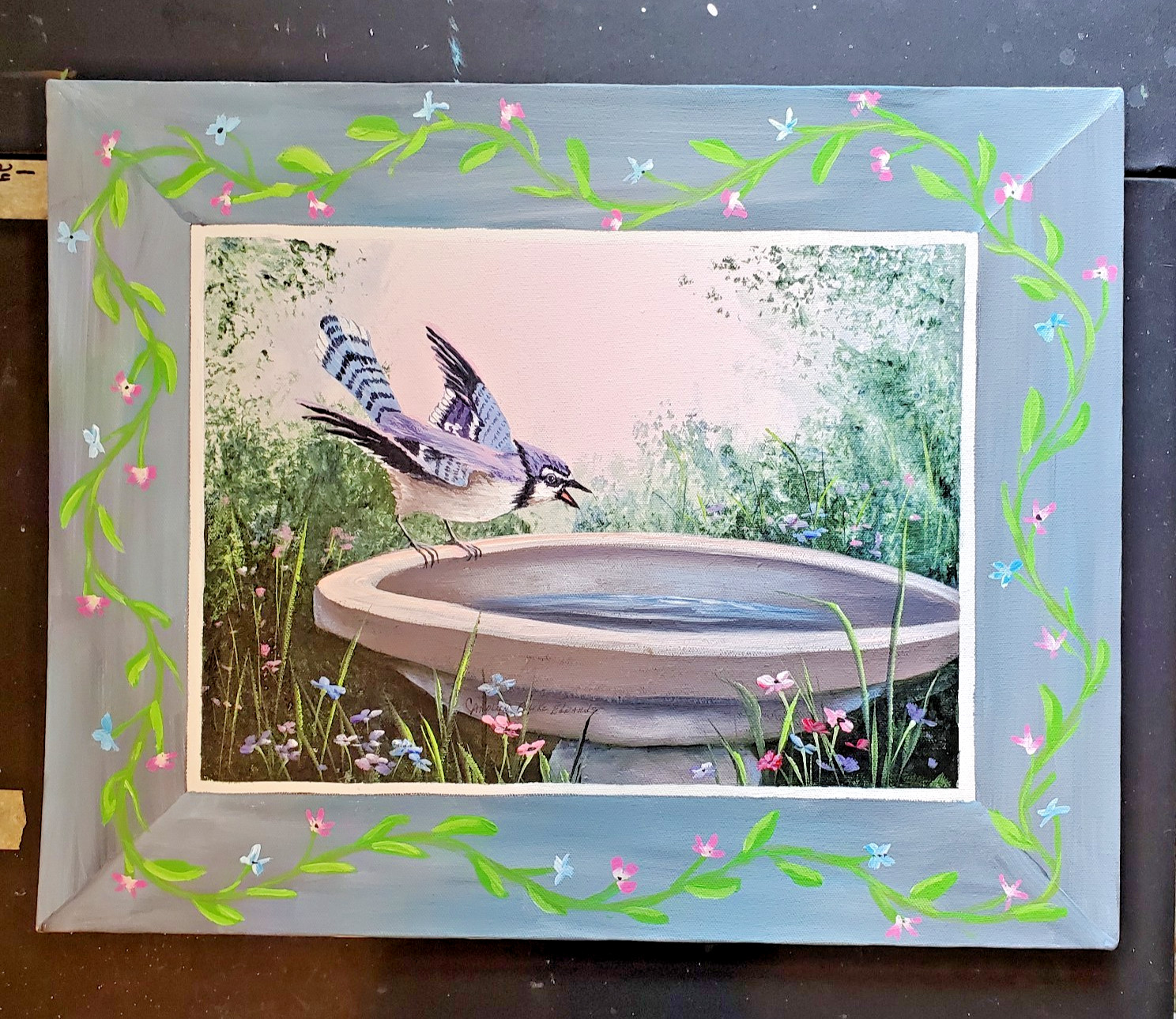 Original Acrylic Painting Blue Jay on Birdbath 16×20″ Unframed Farmhouse Art 96′