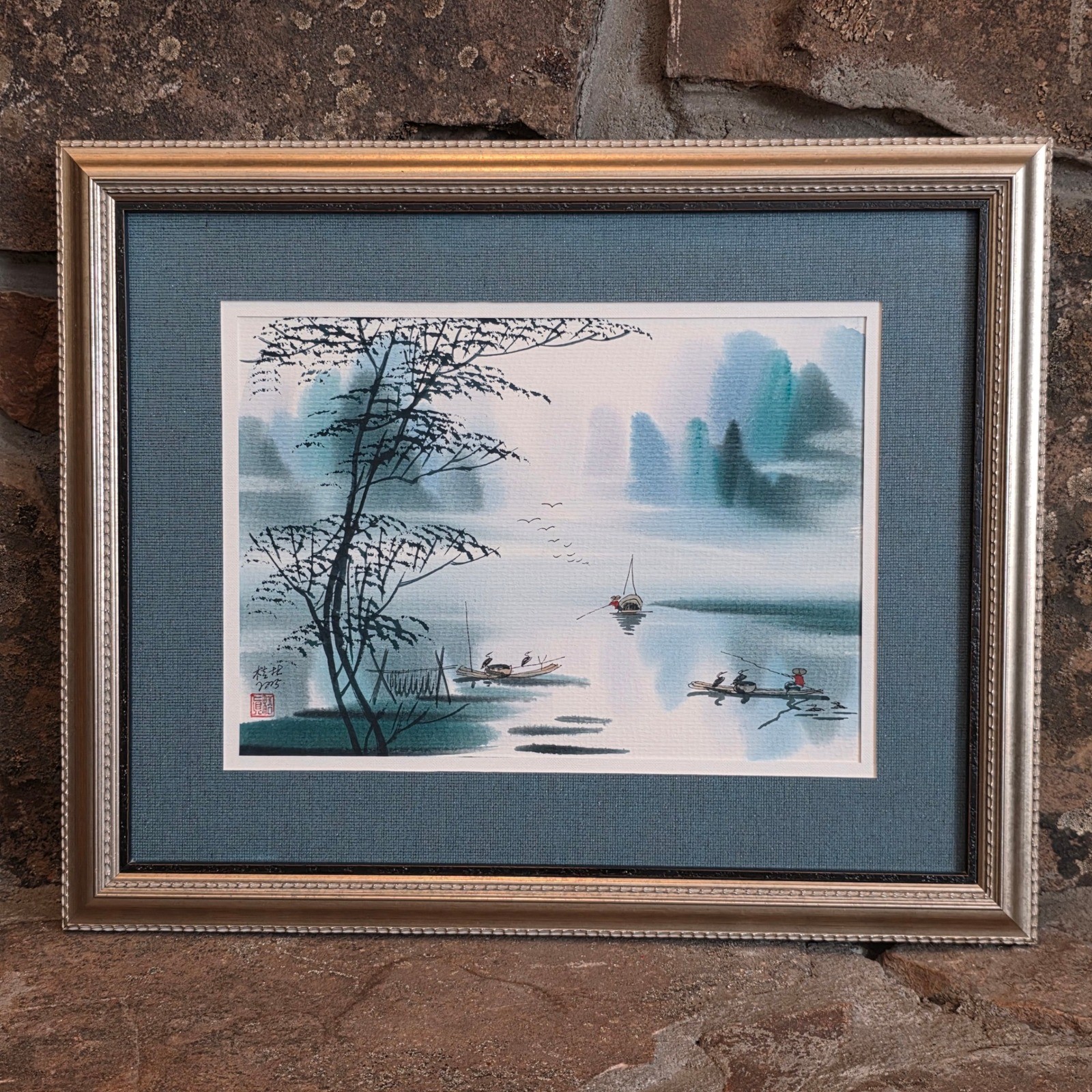 Chinese Cormorant Fishermen Watercolor Painting Signed 2005 Framed Museum Glass