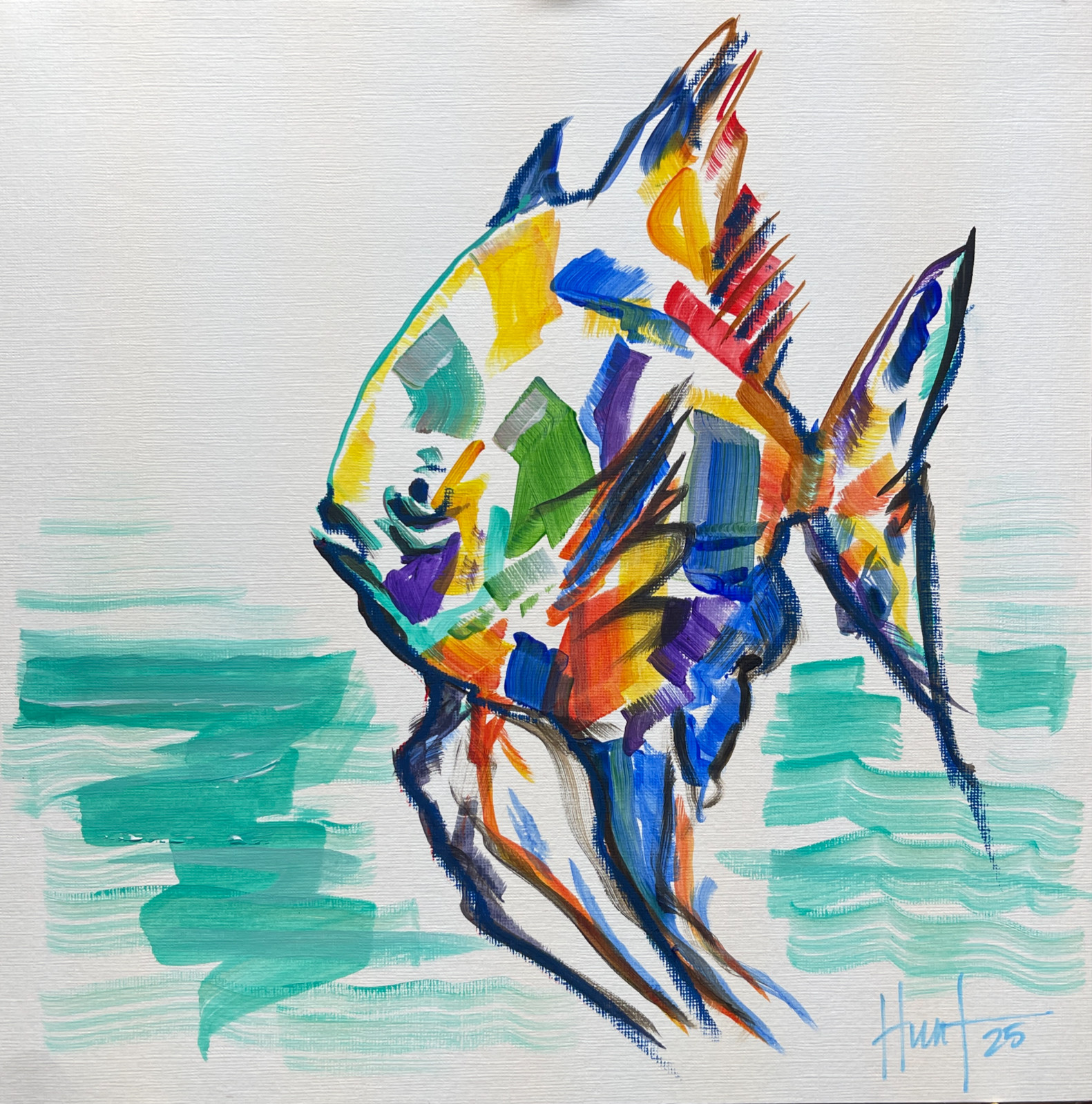 Hunt Original Art: Acrylic on Paper 12×12 Expressionist Tropical Fish