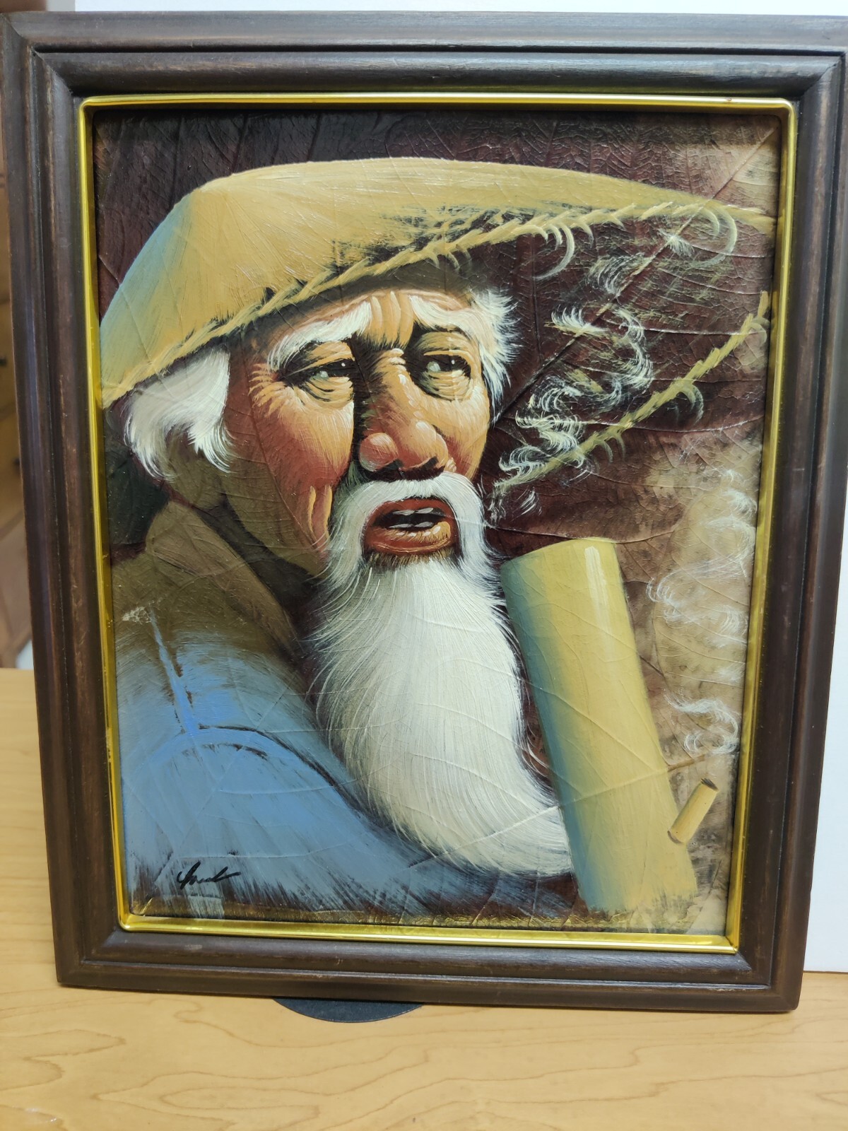 Vintage Elder Man Oil Painting on Tobacco Leaf Signed Portrait 9 1/2 X 11 1/2