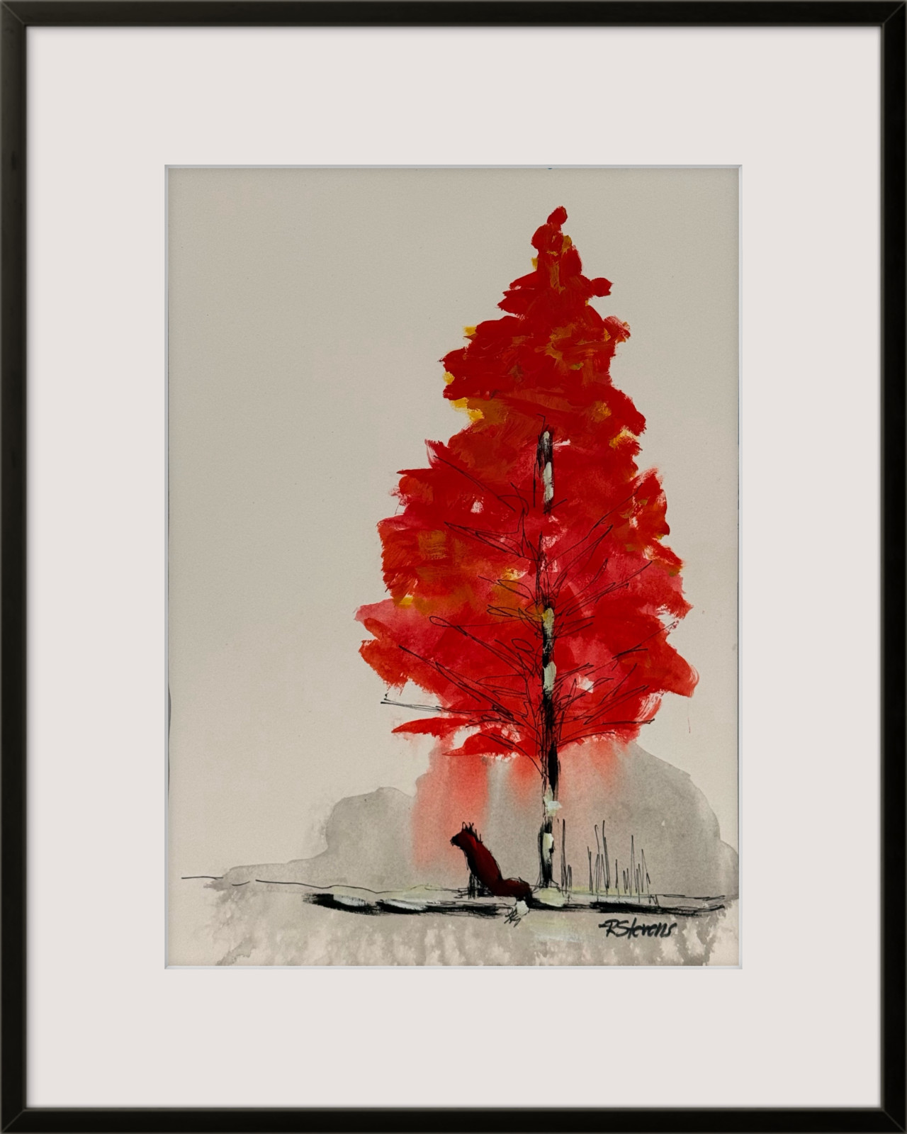 R Stevens Red Autumn Tree Fox Painting Original Acrylic Art 10×15