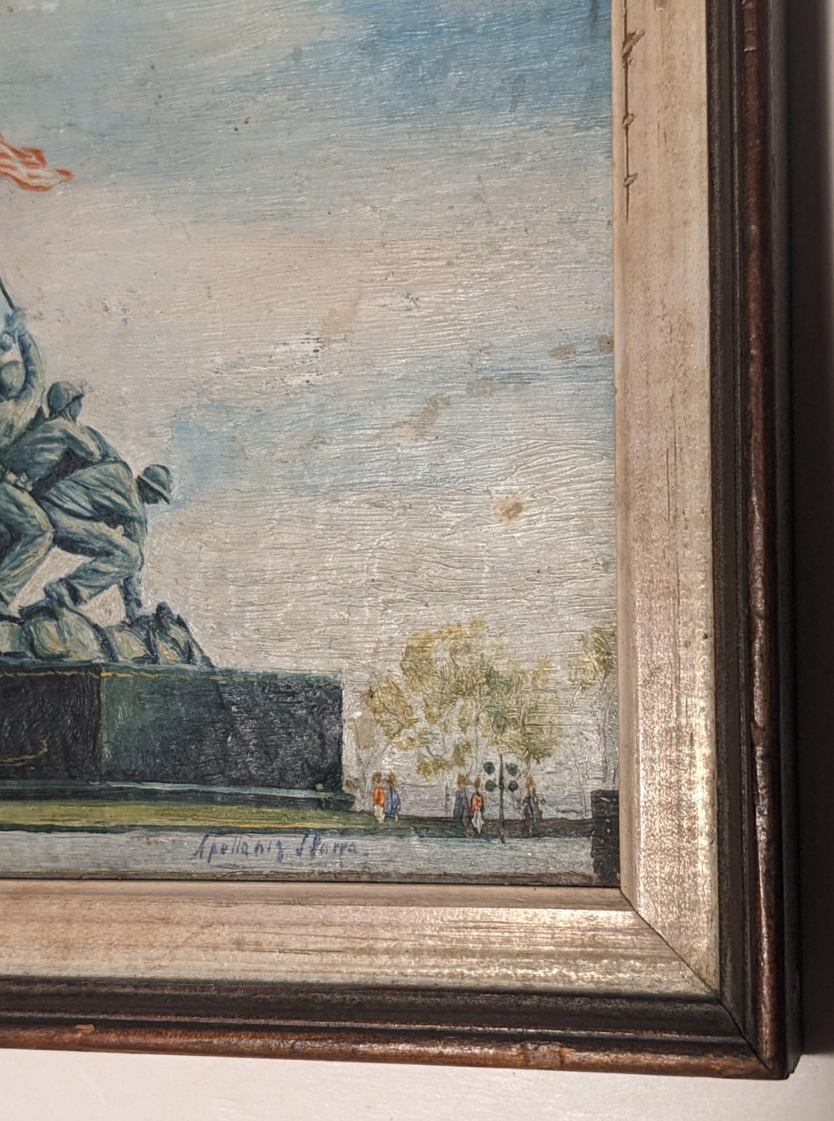 Original miniature 1950s oil painting U.S. Marine Memorial Iwo Jima flag raising