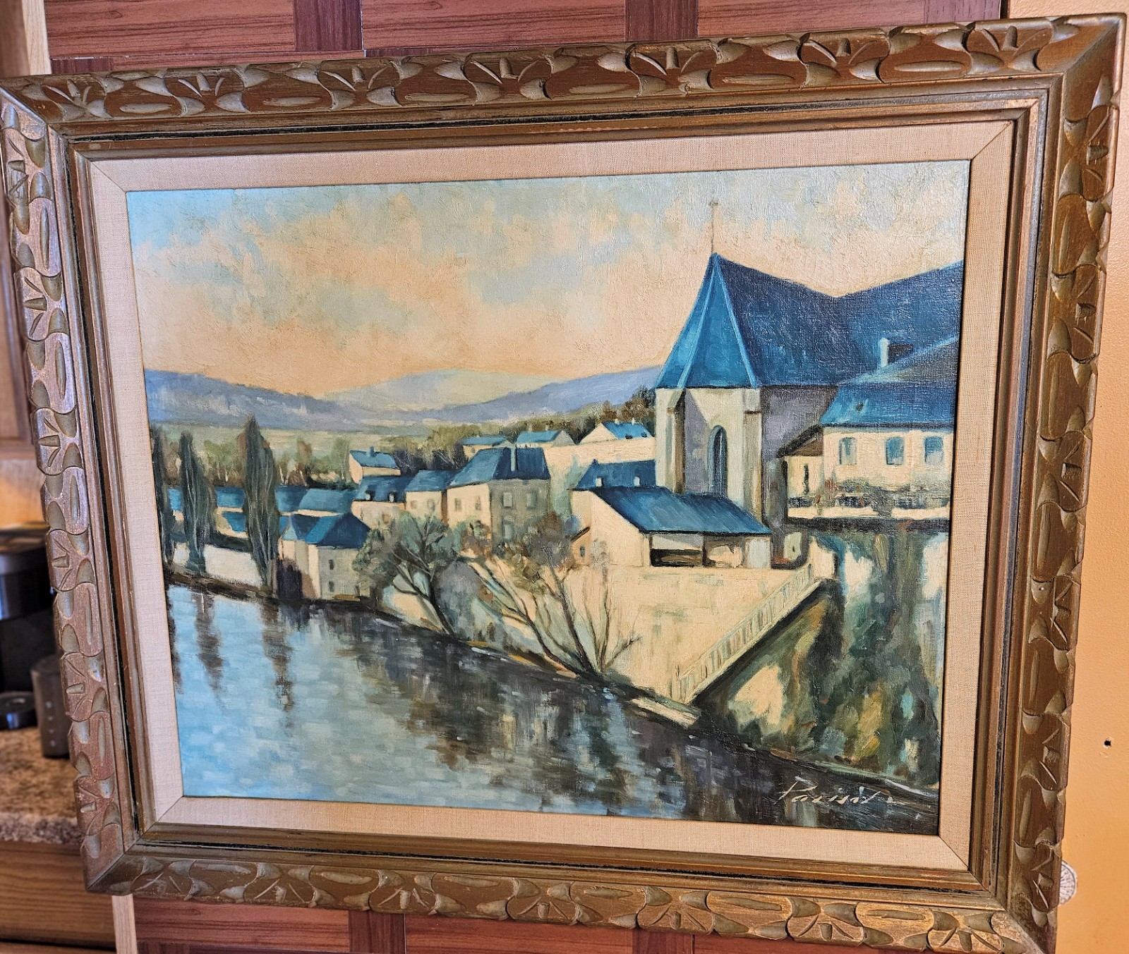 VINTAGE SIGNED OIL PAINTING OF RIVERSIDE EUROPEAN TOWN 37”x 31” FRAMED – NICE!