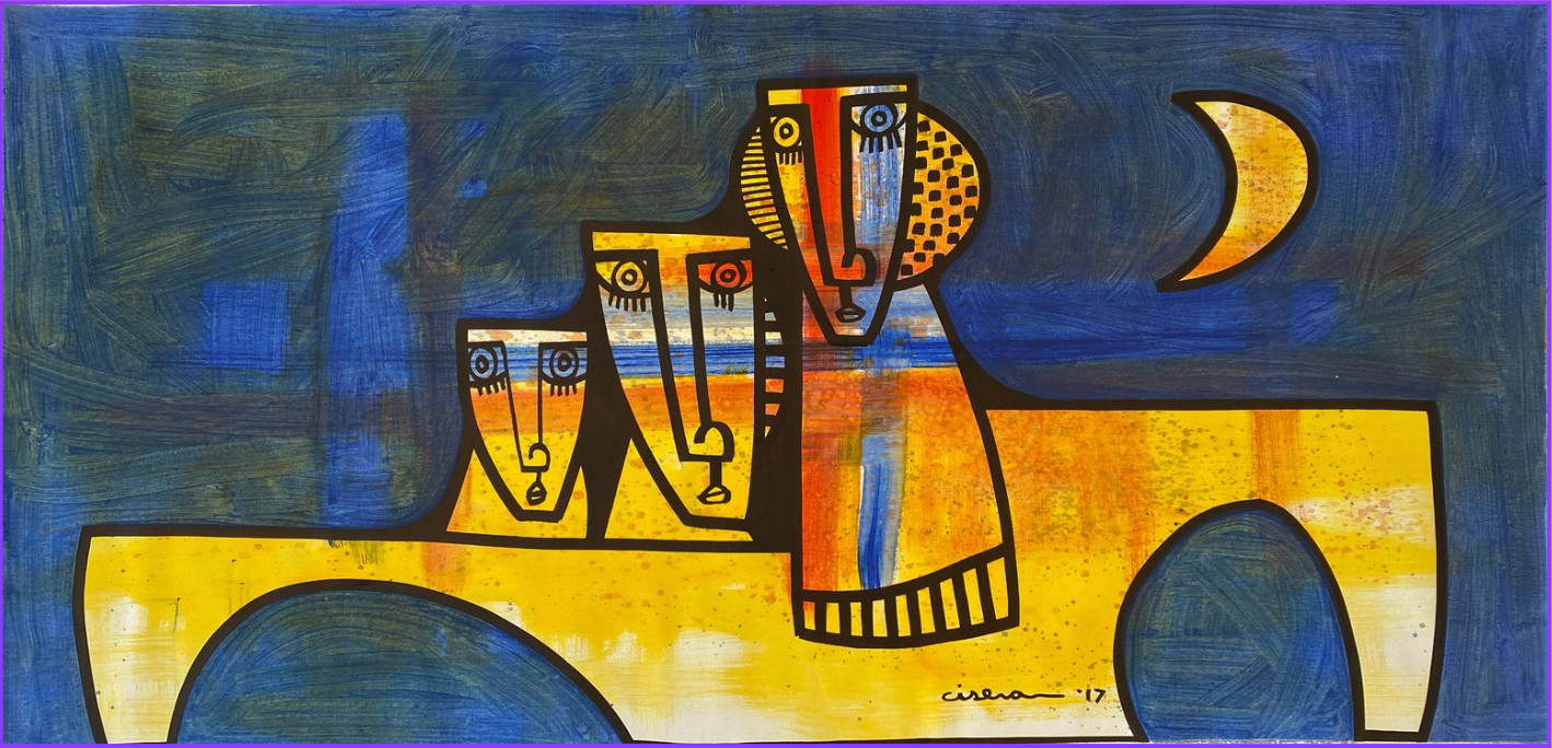 Original Ciseron Bautista “Trio y Luna” 2017 Acrylic on Canvas 61″x29″ Latin Art