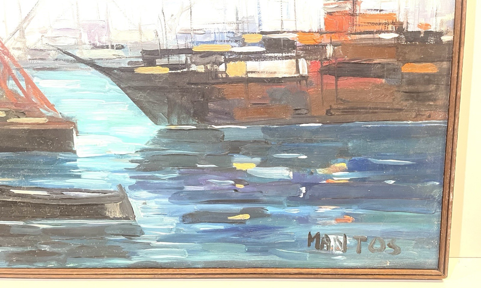Vintage Harbor Shipyard Nautical Scene Painting On Canvas Framed Signed