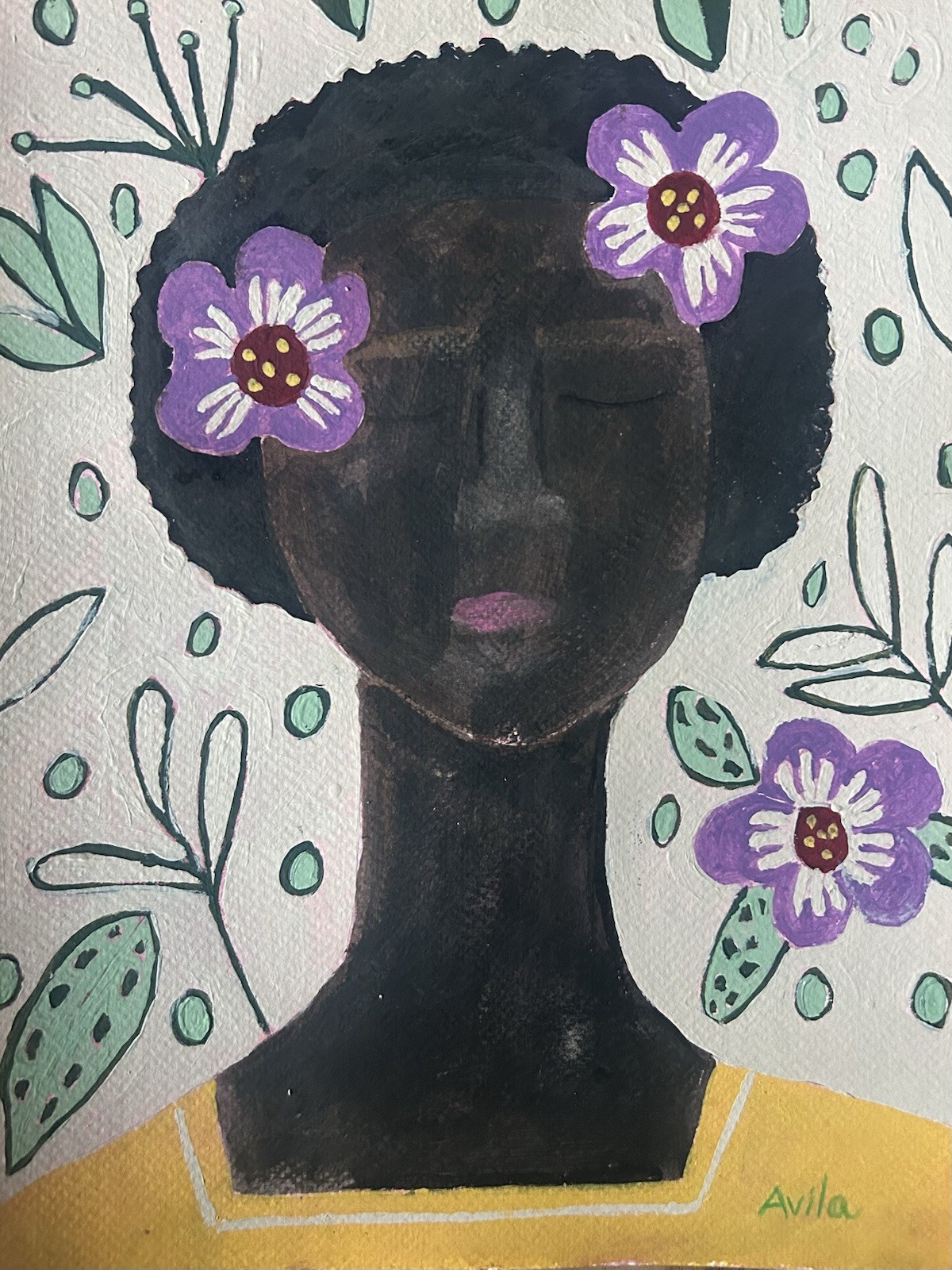 Original Folk Art Painting, 140lb 9×12 Paper, Whimsical woman art, Maria Avila.