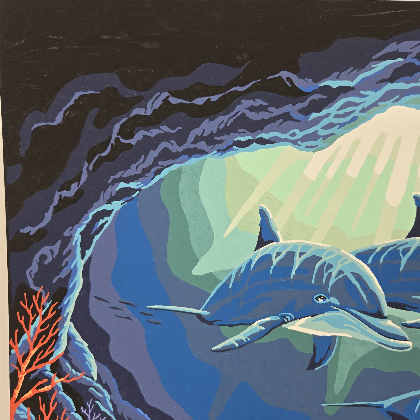 Dolphins ride Finished Acrylic Painting Paint By Number Nautical Ocean 20×16