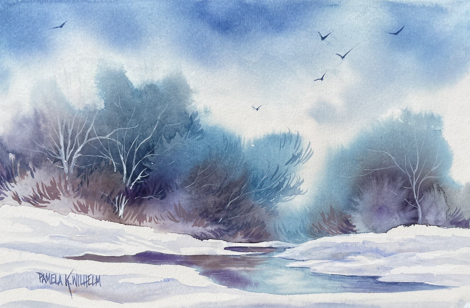 6”x9” Original Watercolor Pamela Wilhelm Houses In Morning Light On Edge Of Town