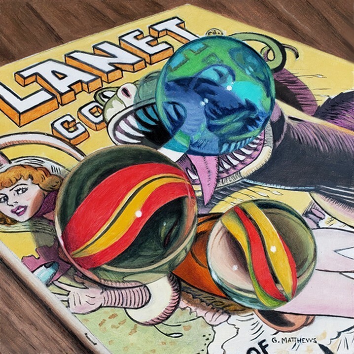Original Oil Painting Still Life Marbles on Contact Comics 6 x 6 Realism NEW