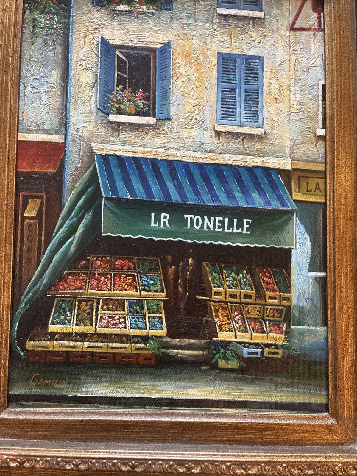 VTG Colorful French Village Business Fronts, 2 Acrylic Paintings Original Signed