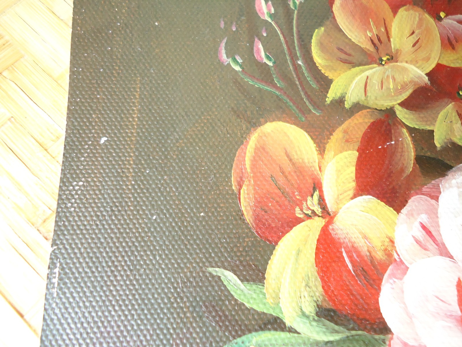 Still Life Painting on Canvas Flower Arrangement in Vase Floral Moody Burgundy