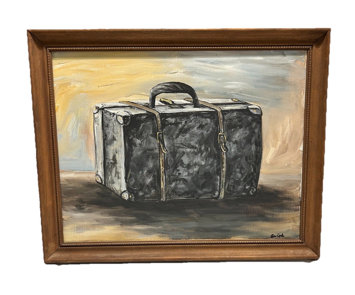 Original Oil Painting Of Suitcase In Wood Frame Vintage Artwork 18×22