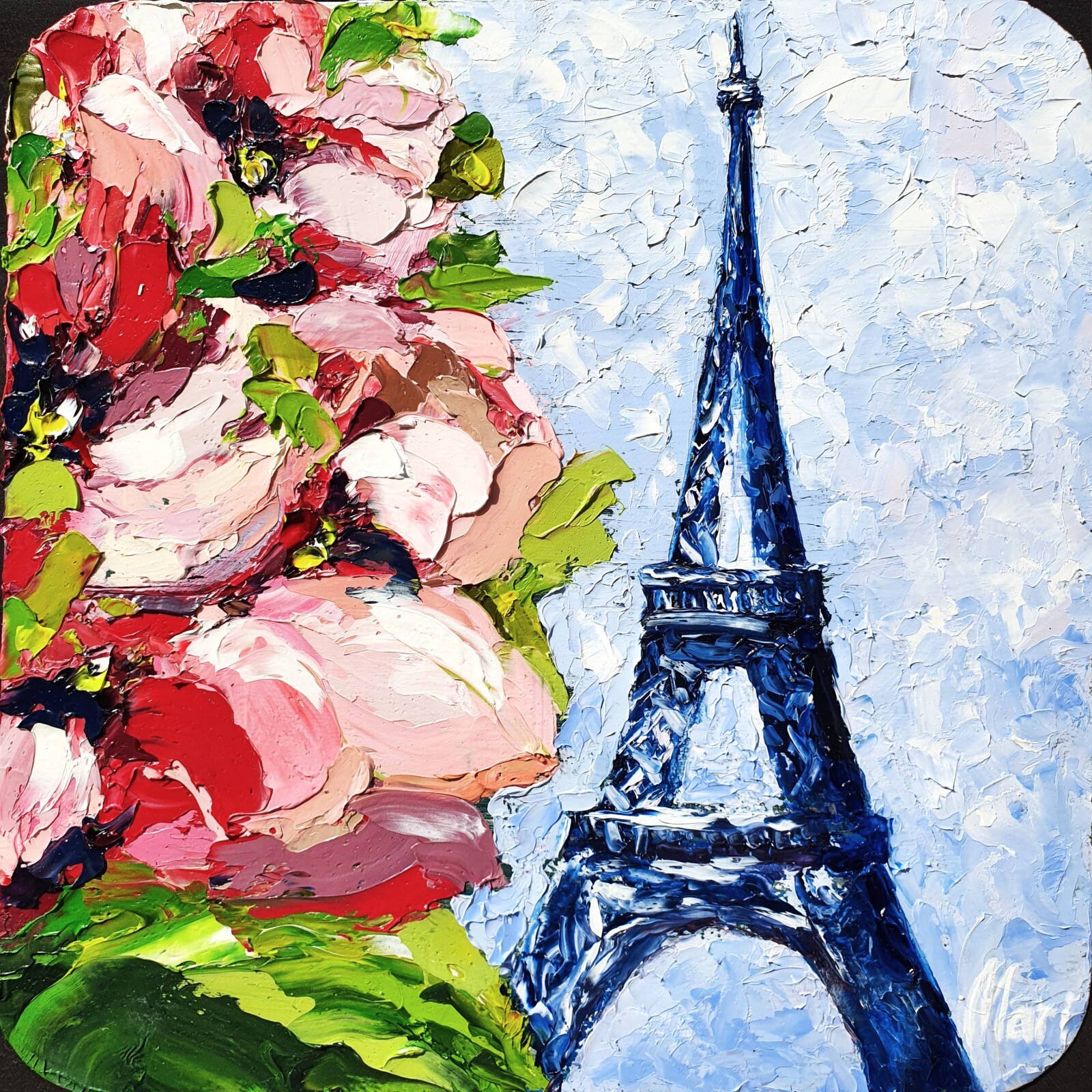 Eiffel Tower Original Wall Art Pink Flowers Colorful Painting New York NY