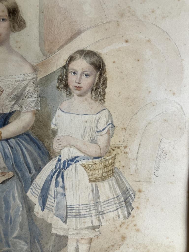 ANTIQUE WATERCOLOUR PAINTING Charming Family Portrait By WOOLNOTH 1852