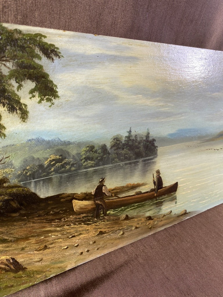 Antique Landscape Oil Painting Men In Canoe Lake Signed L Carter