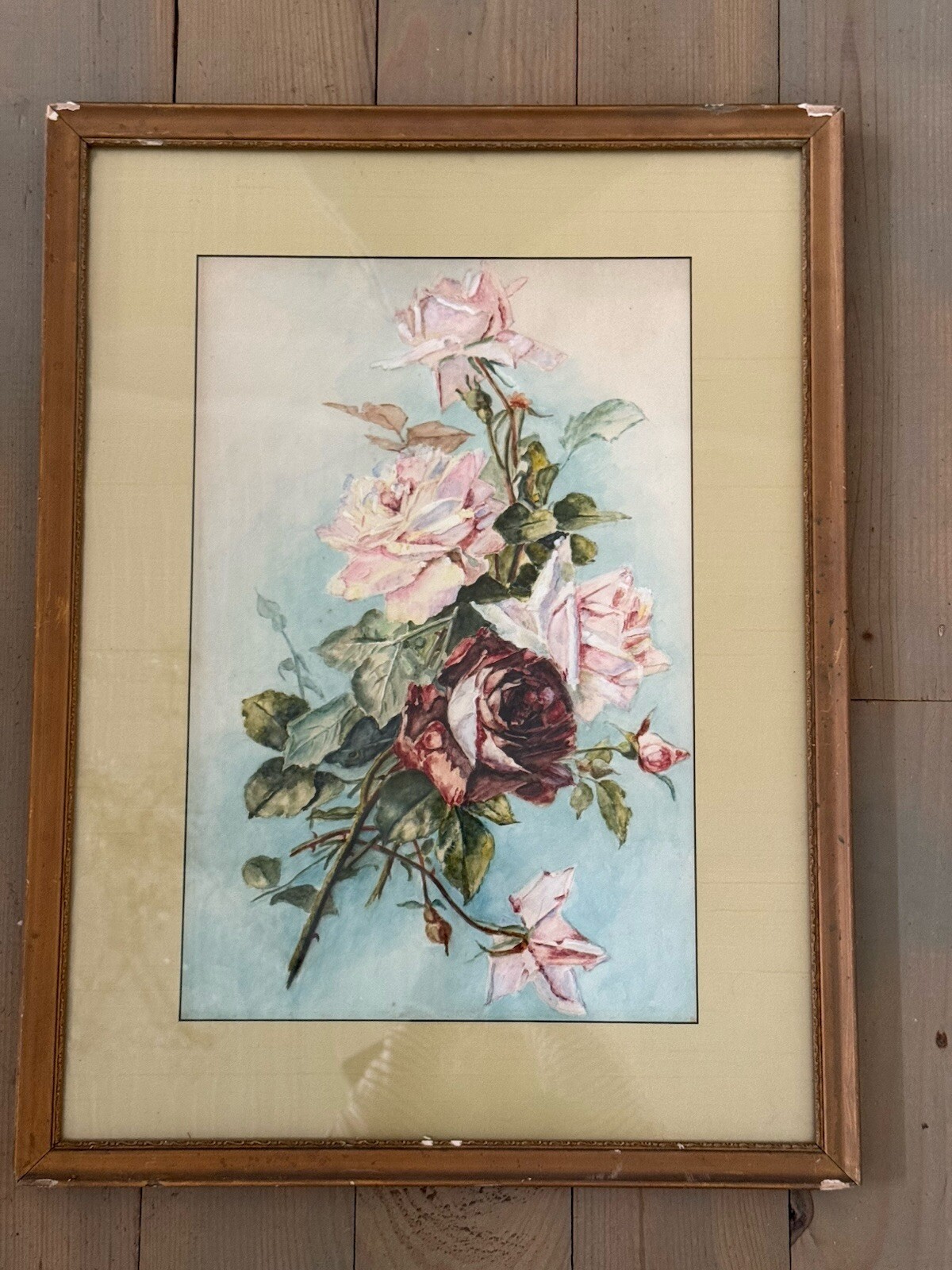 Rare Fine Framed Victorian Watercolor Painting Of Roses After Catherine Klein