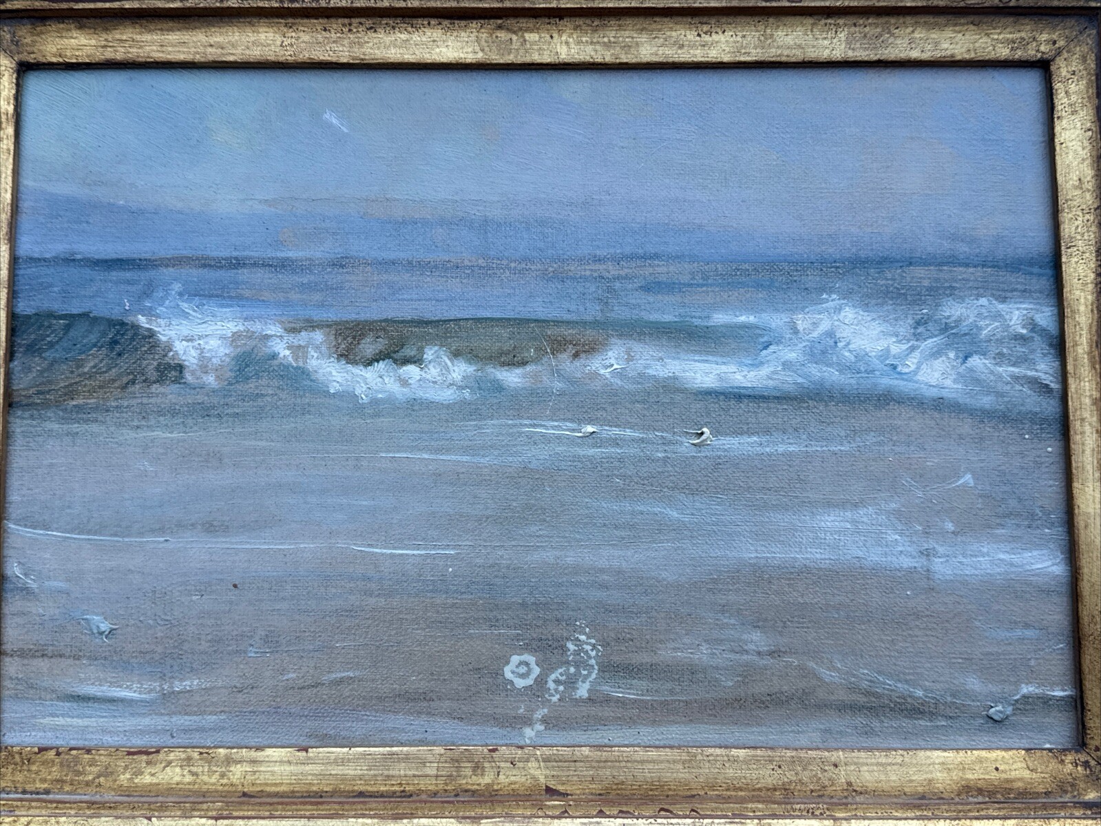 ANTIQUE COASTAL PAINTING BEACH WAVES 1920’S ESTATE STAMPED SIGNATURE MYSTERY SEA