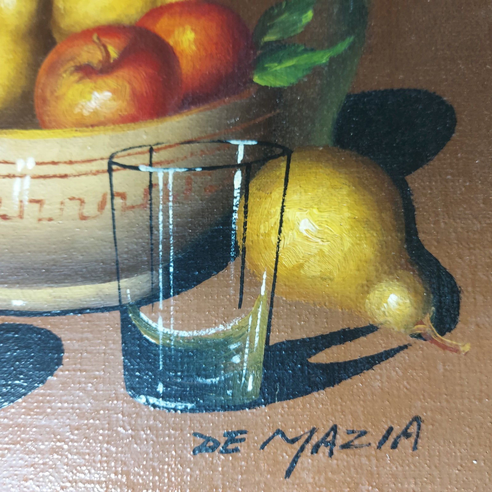 Vintage Still Life Oil Painting On Canvas by De Mazia Signed Fruit Glass Bottle