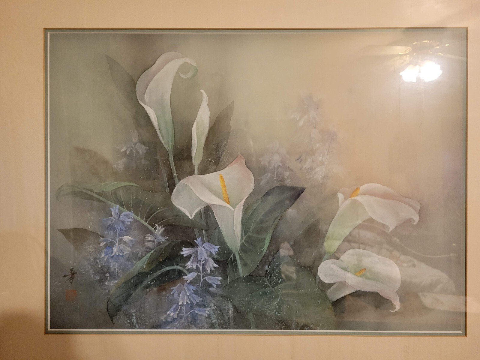 Signed Original Lena Liu Watercolor Painting – White Calla Lilies, Framed (1990