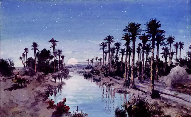 Oil painting paul pascal – an oasis at night moon landscape with trees rivers