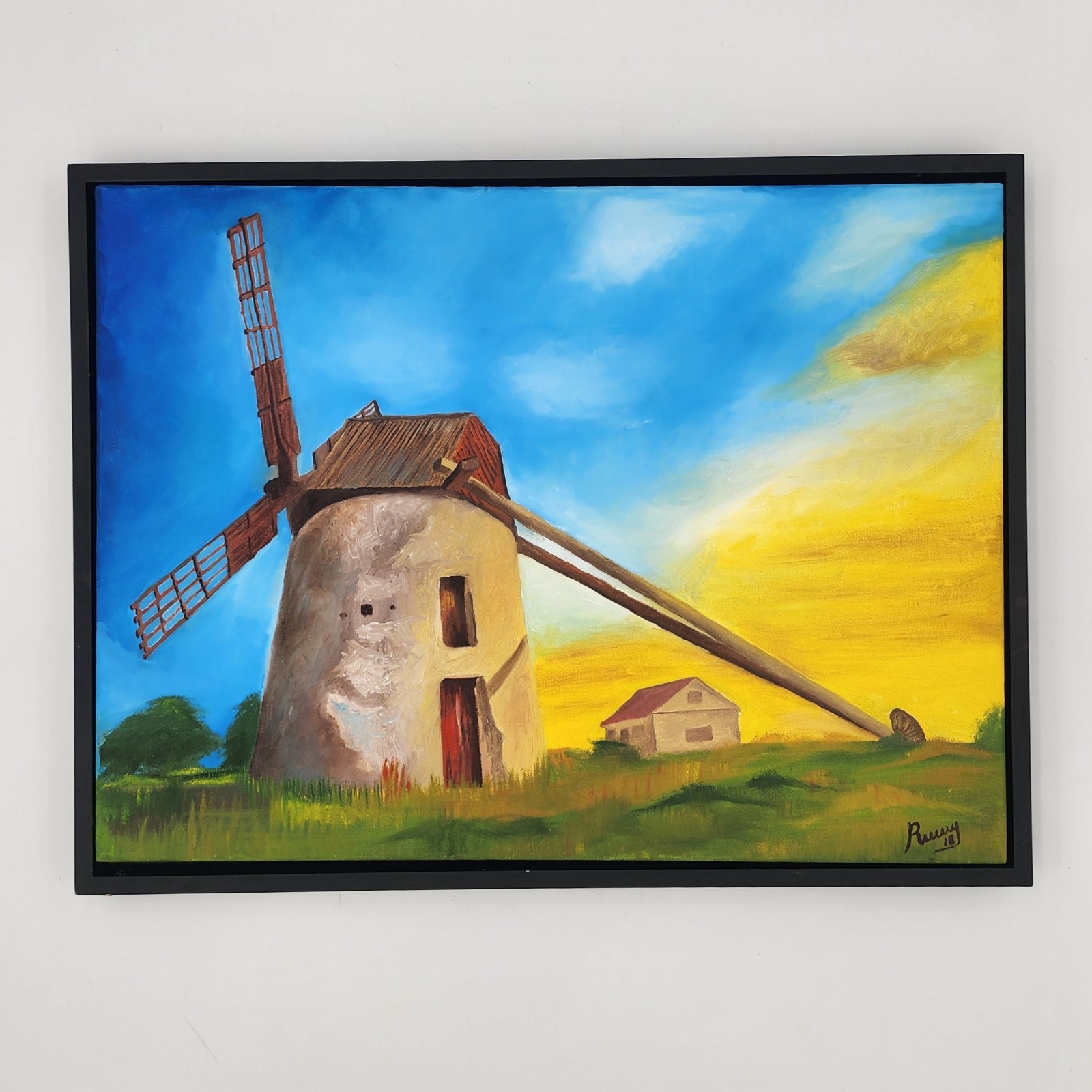 Finished Paint By Number Windmill Sunset Oil Painting Dutch Landscape Framed PBN