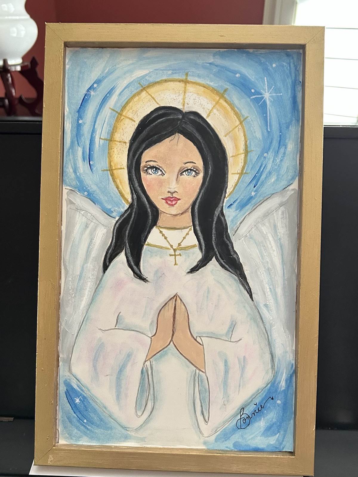 Prayers For Peace, Angel Painting, Framed With A Gold Birch Wood Frame