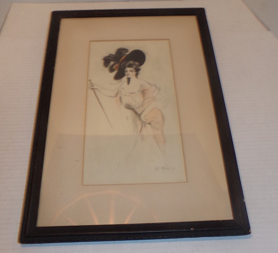 1906 M. C. Müller Signed Watercolor Artwork Sexy Woman In Black Hat Art Nouveau