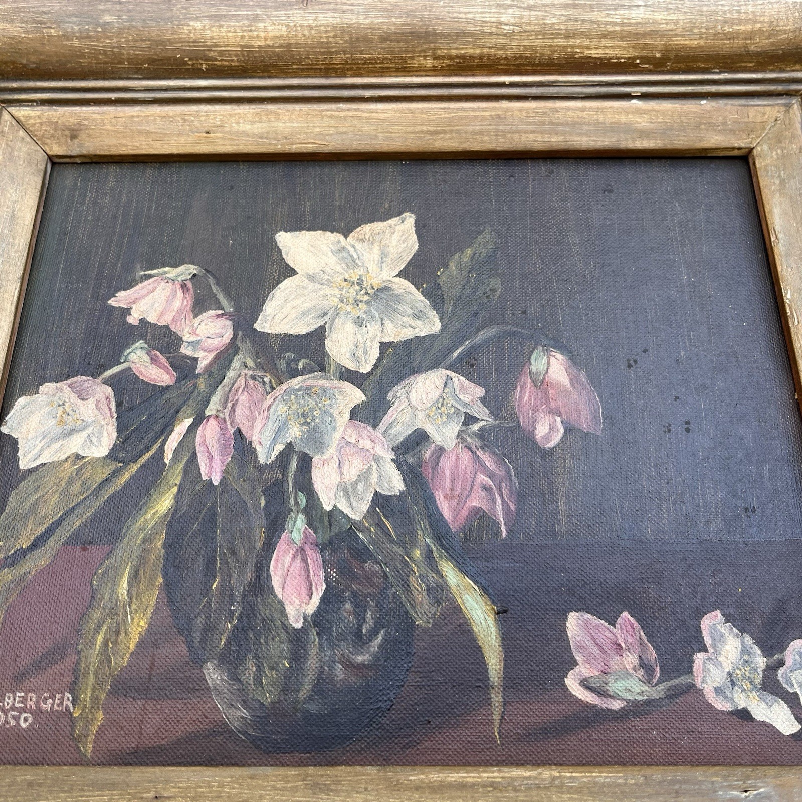 Vtg 1950 MCM Original Oil Painting Signed M. Perlberger Floral Still Life 12×14