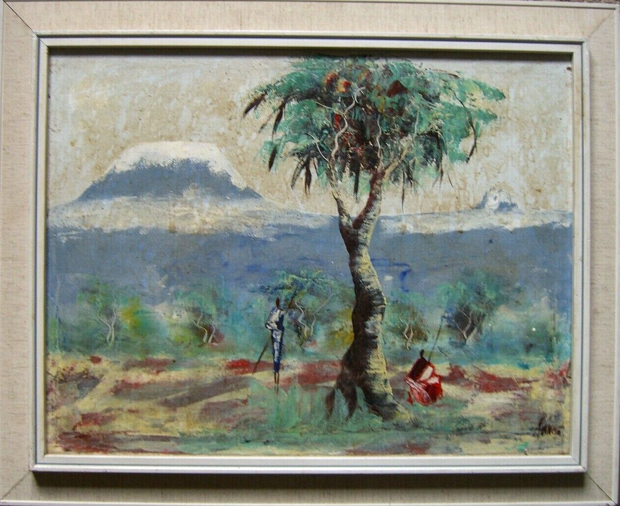 African Landscape with Mountain, Tree, and Animal Herders Nomads