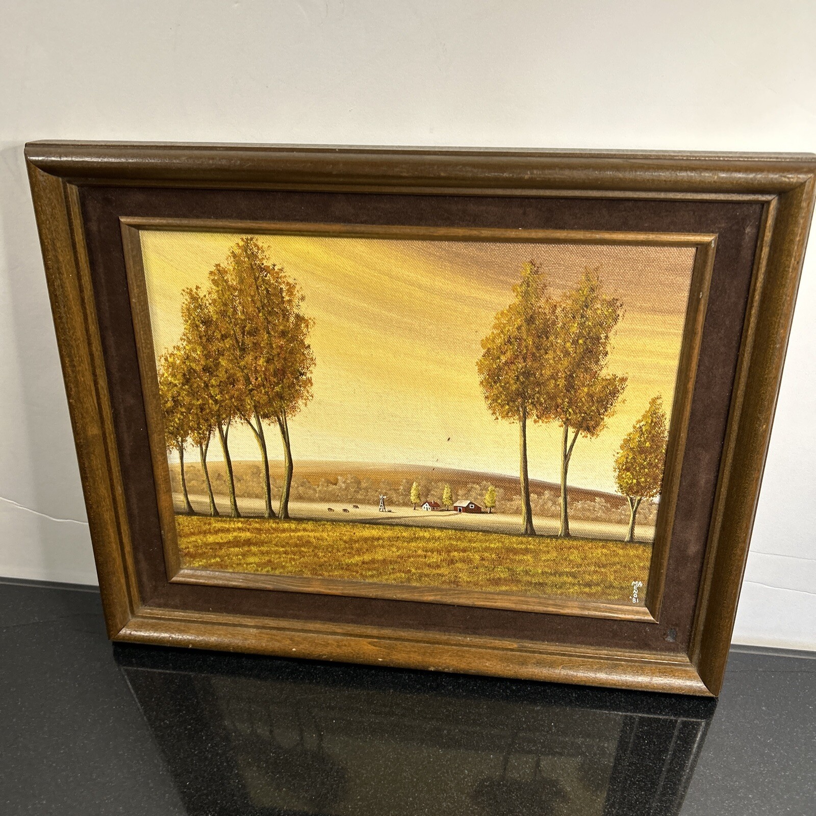 Ma Eno Original Folk Art Oil Painting on Canvas – Vintage Trees Landscape Framed