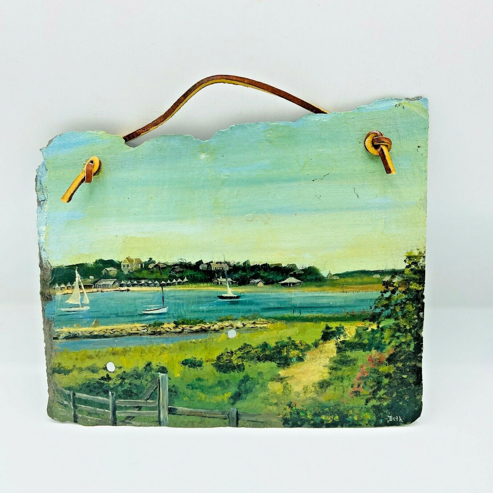 1982 Vineyard Harbor View Painting On Slate Martha’s Vineyard Signed Beth Boats