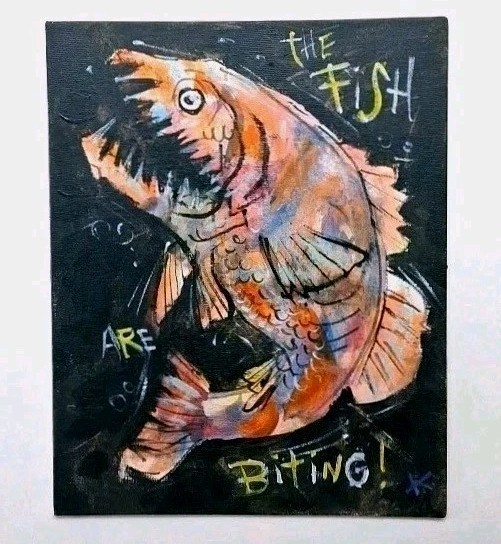 Fish Painting Original Folk Art Outsider Americana Art OOAK Canvas Fishing