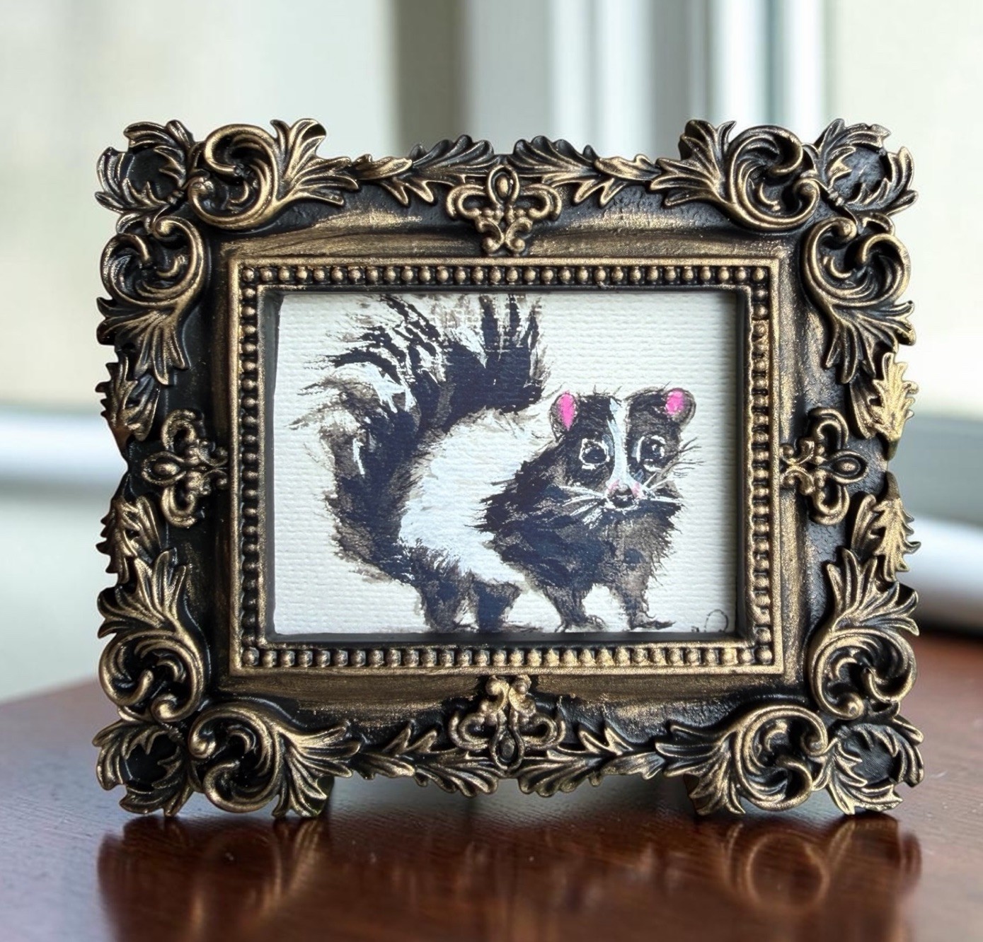 Skunk mini watercolor animal print of original painting in vintage ornate frame