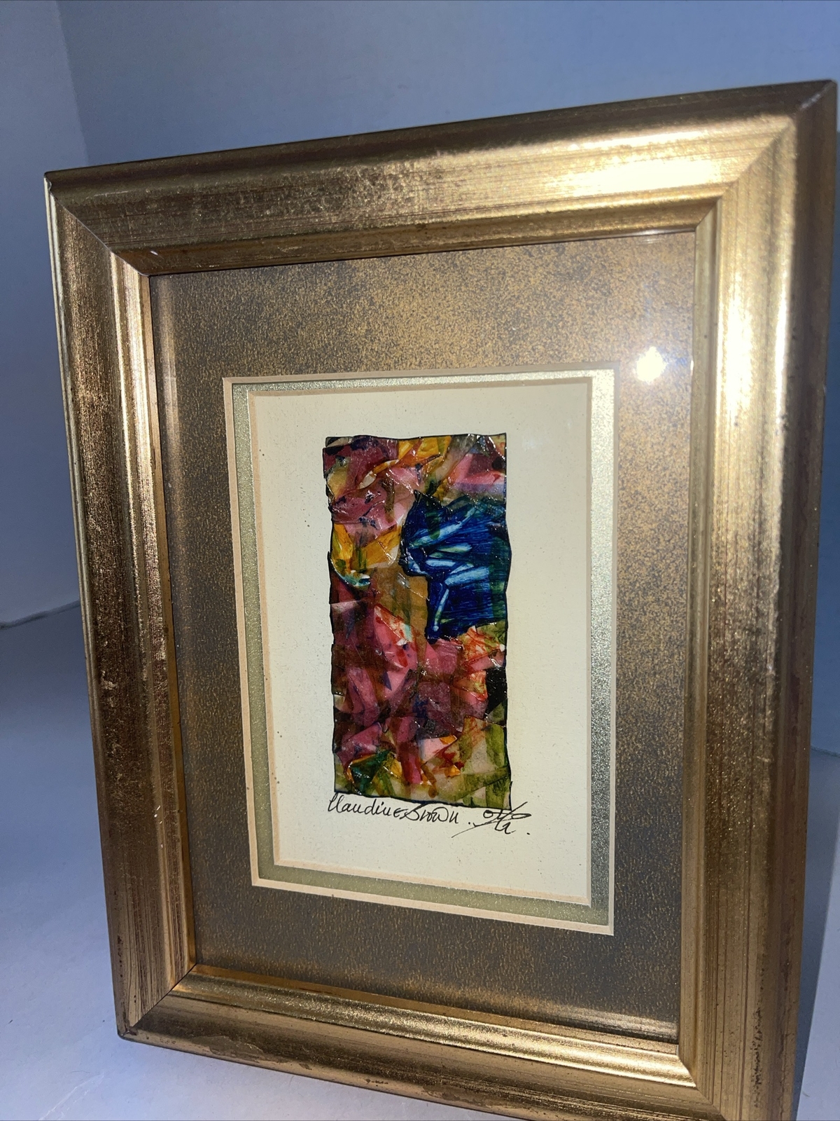 Abstract Painting Original Gold Gilt Framed Papier-Mâché 6.5×8.5” Wall Hanging