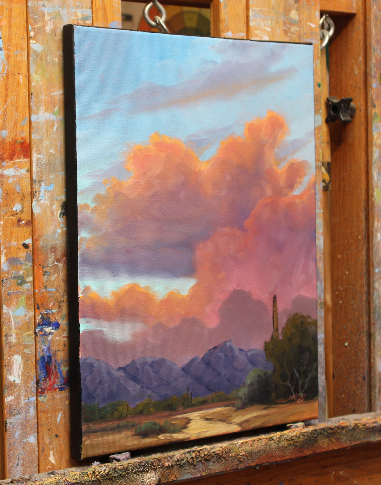 Jeff Love Art 14X11″ Original Oil Painting Arizona Cactus Cloud Sunset Landscape
