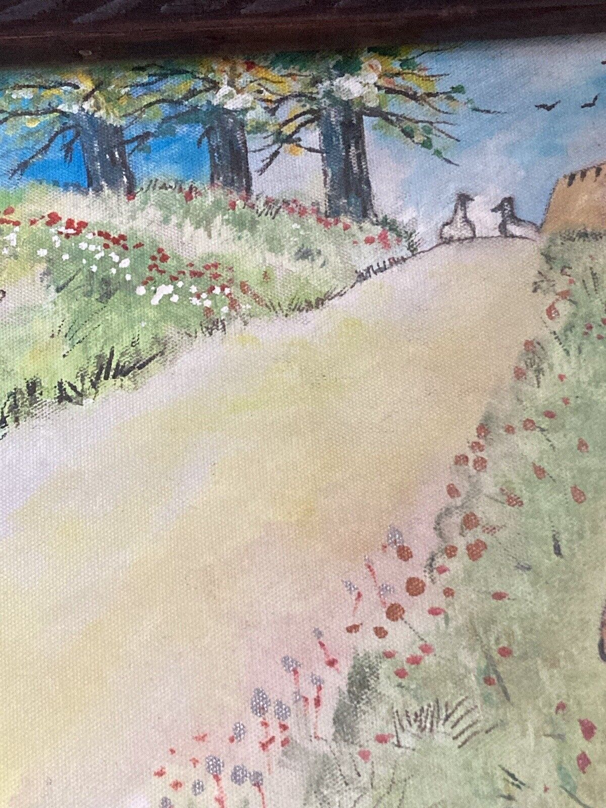 Vintage Original Cute Dog Painting Hedgehog Landscape Whimsical Signed “ROGAN”