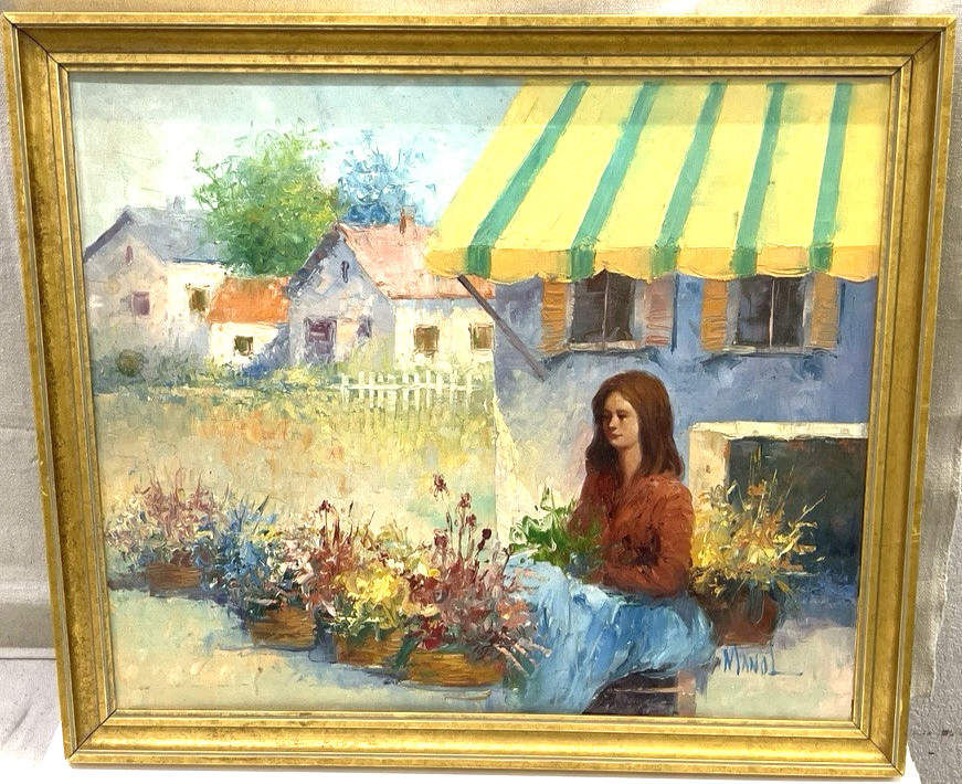 Beautiful Vintage John Manol Oil Painting Woman Flower Seller 23” X 26.75”