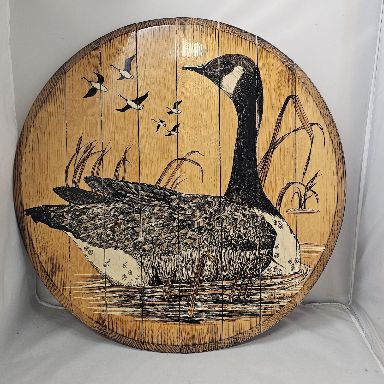 Vintage Glenda J Porter Canada Goose Painting Wood Barrel Head Signed 1979 Art