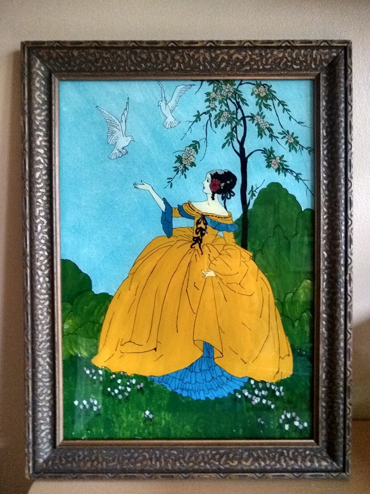 Original Art Nouveau Reverse Glass Painting. Maiden and Doves. NR