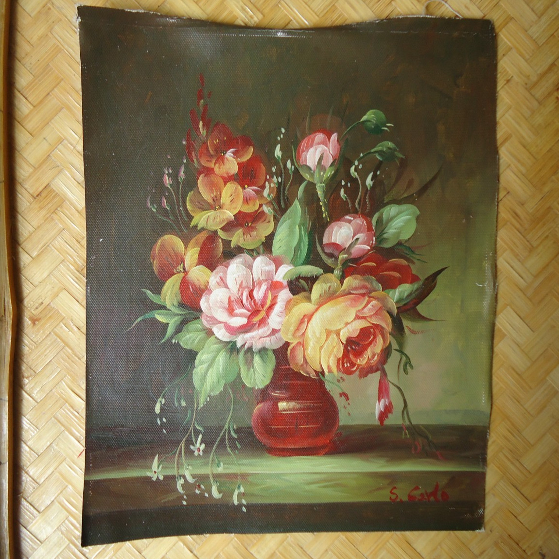 Still Life Painting on Canvas Flower Arrangement in Vase Floral Moody Burgundy