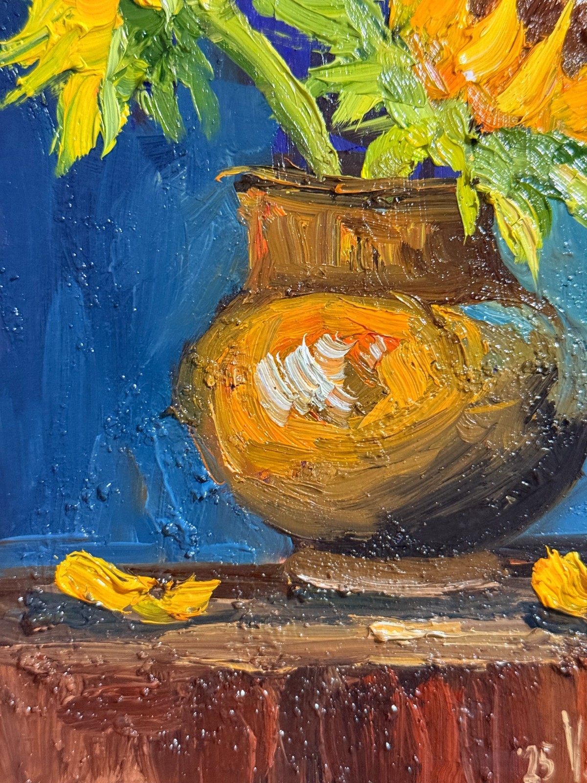 Sunflowers Oil Painting Original Art Impasto Flower Still Life Vintage Vase
